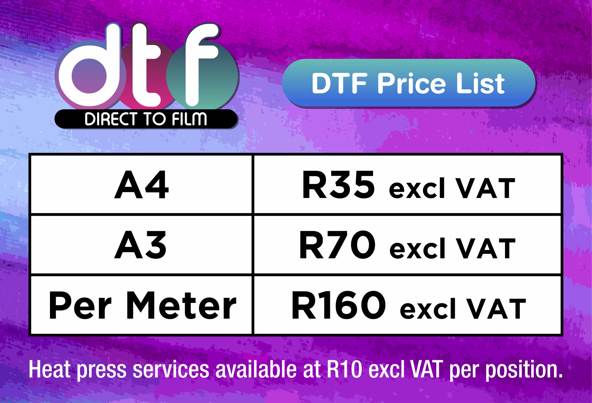 DTF Price List